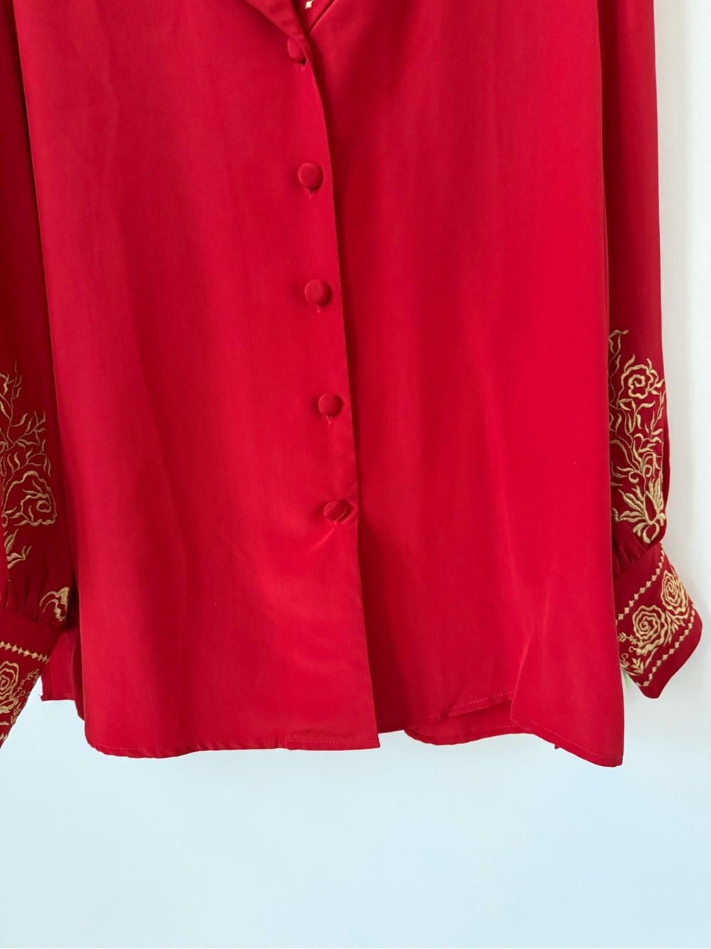 Vintage 100% Silk Diane Von Furstenberg Red Gold Embroidered Button Front Blouse - Picture 7 of 14